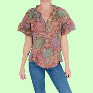 Democracy Brown Leaf Embroidered Eyelet Flounce Sleeve Blouse